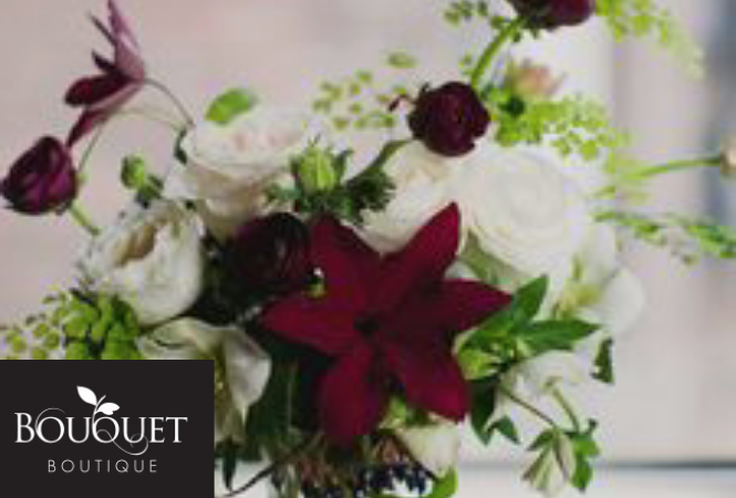White flowers pop of red_Bouquet Boutique