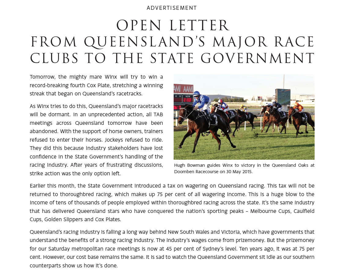 Open Letter from Queenslands Major Race Clubs to the State Government