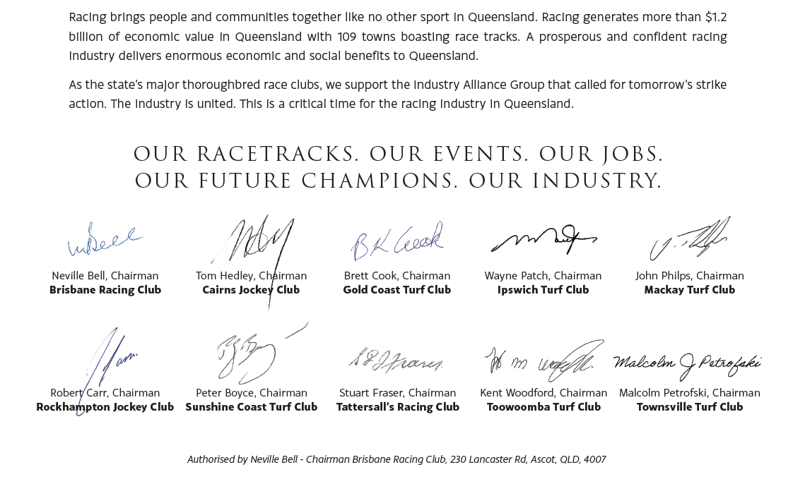 Open Letter from Queenslands Major Race Clubs to the State Government