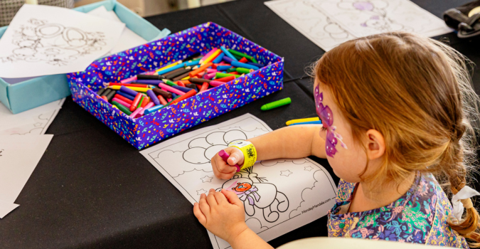 Children drawing station with colouring in