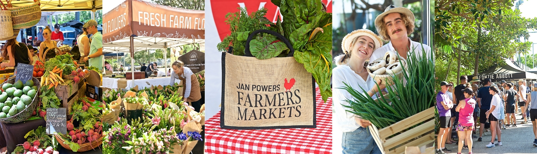 series of photos of a market and fresh fruit and vege