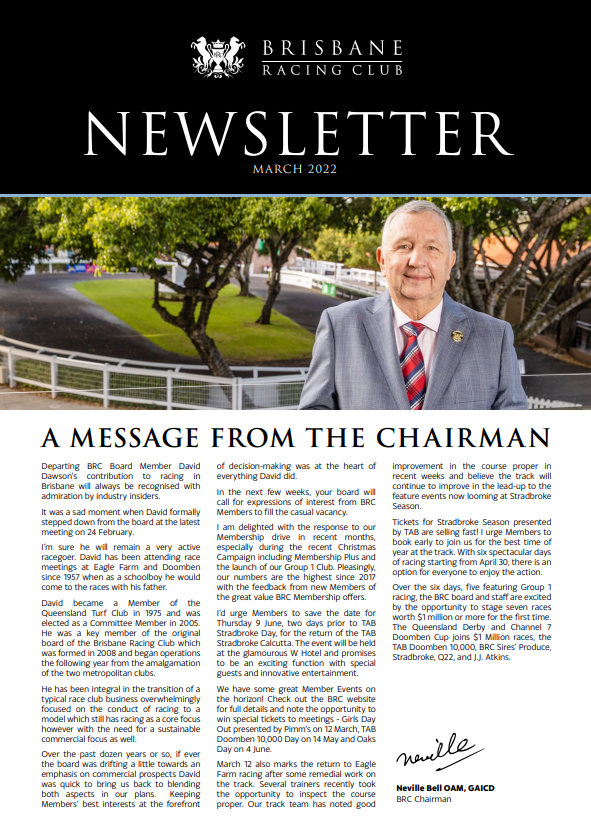 Members Newsletter Snip - March 2022 | Brisbane Racing Club